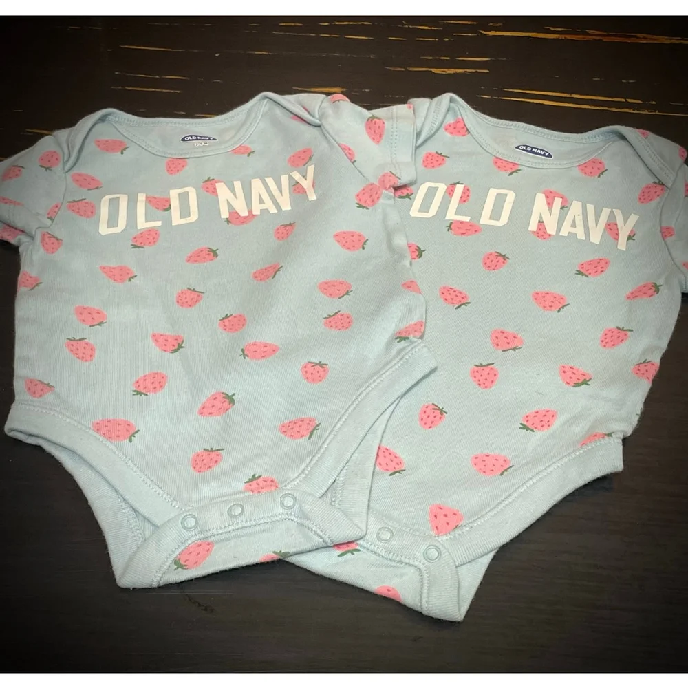 Old Navy Bodysuits 3-6 Months Light Blue Pink Strawberry twin girls matching